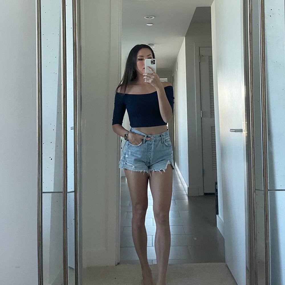 Lulus Navy Ribbed Off Shoulder Top - Picture 2 of 3